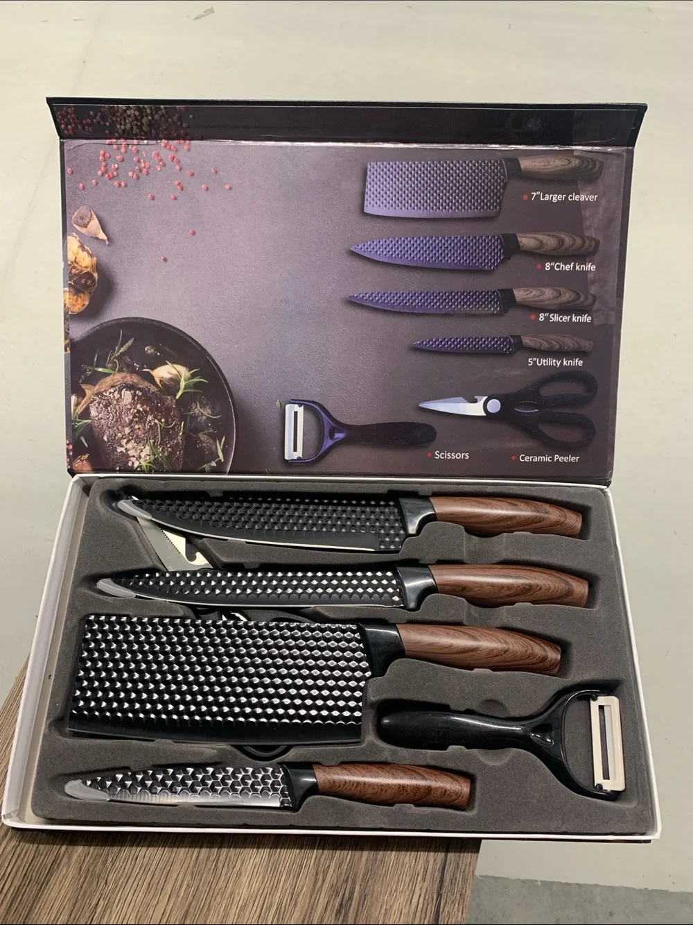 6-Piece Nonstick Knife Set with Wood-Grain Handles - Black & Brown